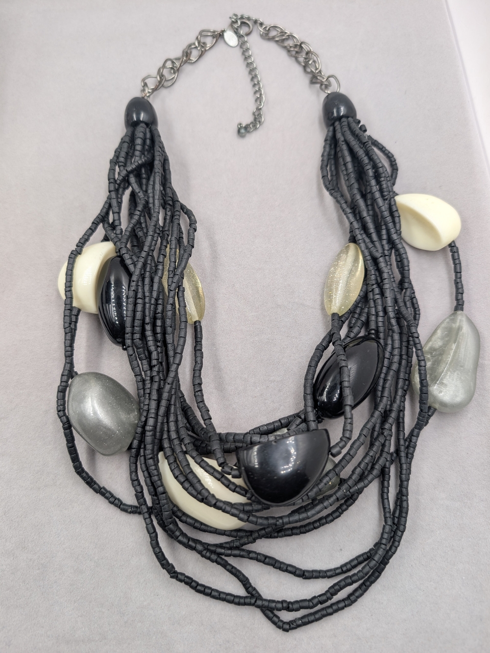 Chico’s Multistrand Black Beaded Statement Necklace Sculptural Pebble Beads 0041